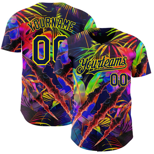 Custom Black Navy-Light Yellow Cyber Tropical Palm Trees Music Festival Claw Marks Authentic Baseball Jersey - Main View