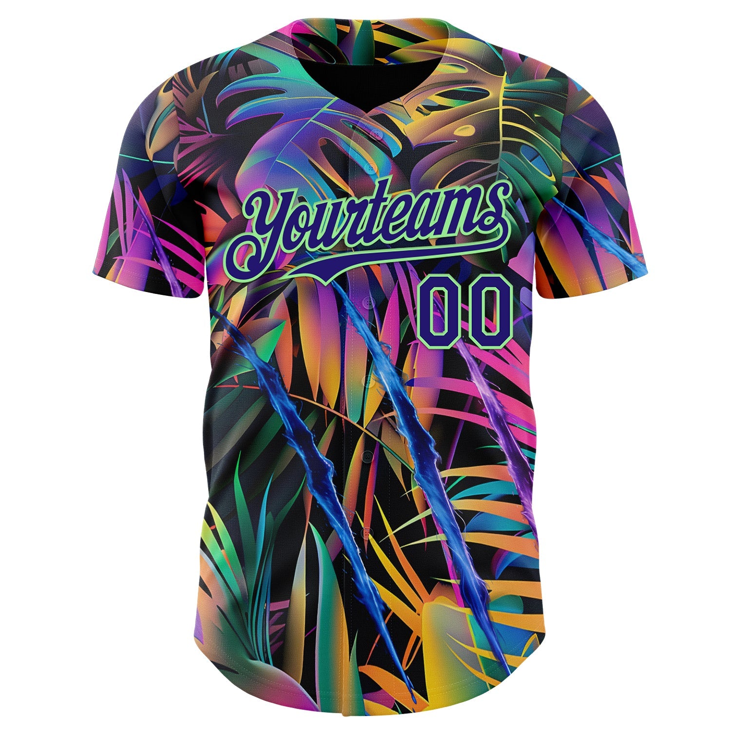 Custom Black Dark Purple-Pea Green Cyber Tropical Palm Trees Music Festival Claw Marks Authentic Baseball Jersey view 2