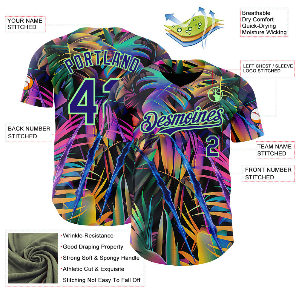 Custom Black Dark Purple-Pea Green Cyber Tropical Palm Trees Music Festival Claw Marks Authentic Baseball Jersey view 3