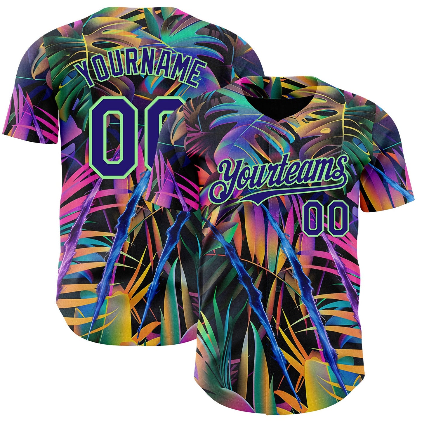 Custom Black Dark Purple-Pea Green Cyber Tropical Palm Trees Music Festival Claw Marks Authentic Baseball Jersey - Main View