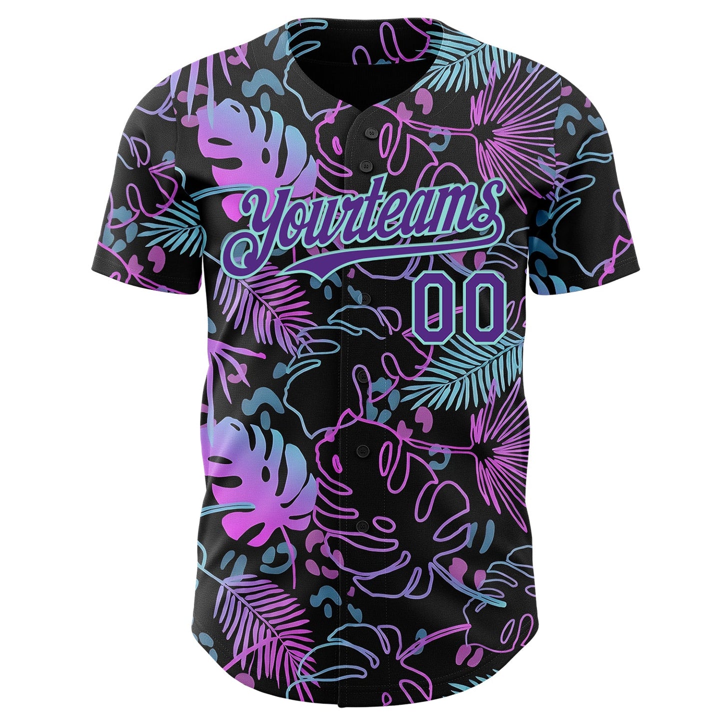 Custom Black Purple-Ice Blue Cyber Tropical Palm Trees Music Festival Authentic Baseball Jersey view 2