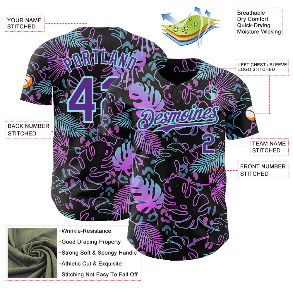 Custom Black Purple-Ice Blue Cyber Tropical Palm Trees Music Festival Authentic Baseball Jersey view 3