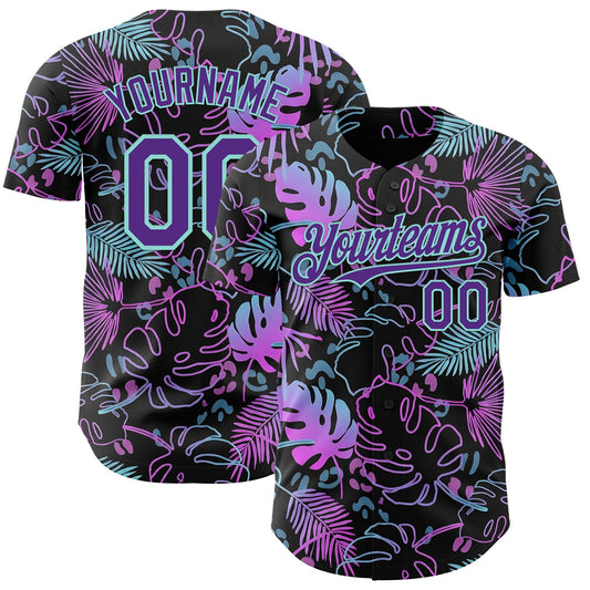 Custom Black Purple-Ice Blue Cyber Tropical Palm Trees Music Festival Authentic Baseball Jersey - Main View