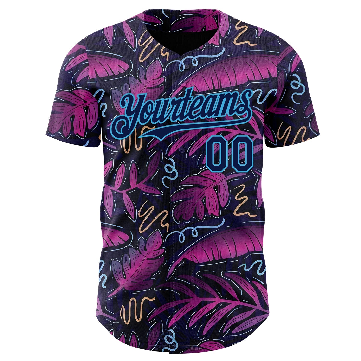 Custom Black Navy Purple-Sky Blue Cyber Tropical Palm Trees Music Festival Authentic Baseball Jersey view 2