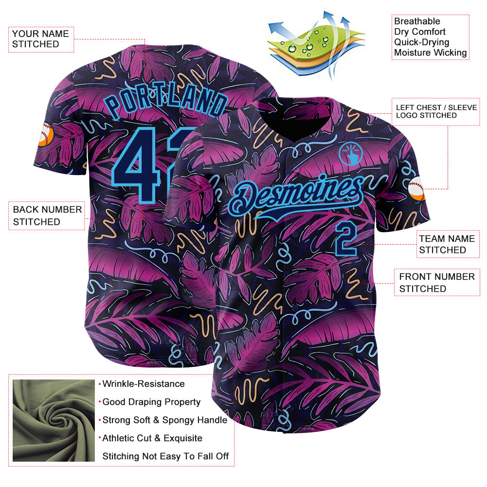 Custom Black Navy Purple-Sky Blue Cyber Tropical Palm Trees Music Festival Authentic Baseball Jersey view 3