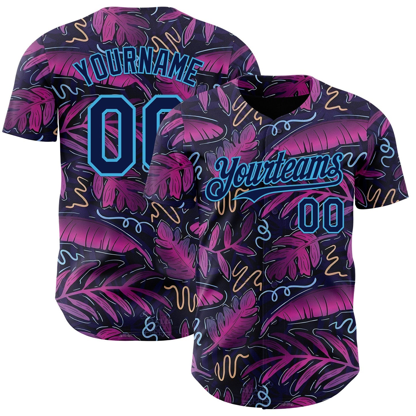 Custom Black Navy Purple-Sky Blue Cyber Tropical Palm Trees Music Festival Authentic Baseball Jersey - Main View