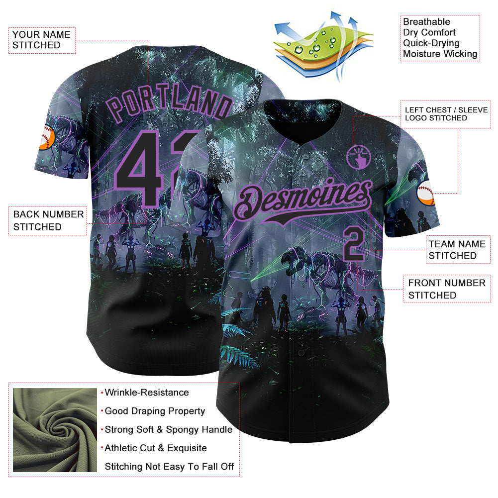 Custom Black-Medium Purple Cyber Tropical Palm Trees Gothic Fantasy Authentic Baseball Jersey view 3
