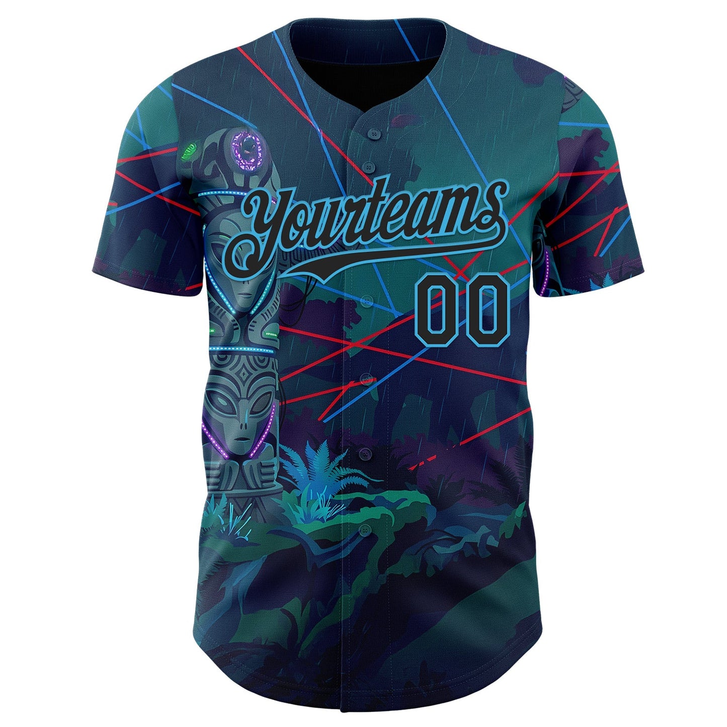 Custom Blue Black-Sky Blue Cyber Tropical Palm Trees Gothic Fantasy Authentic Baseball Jersey view 2