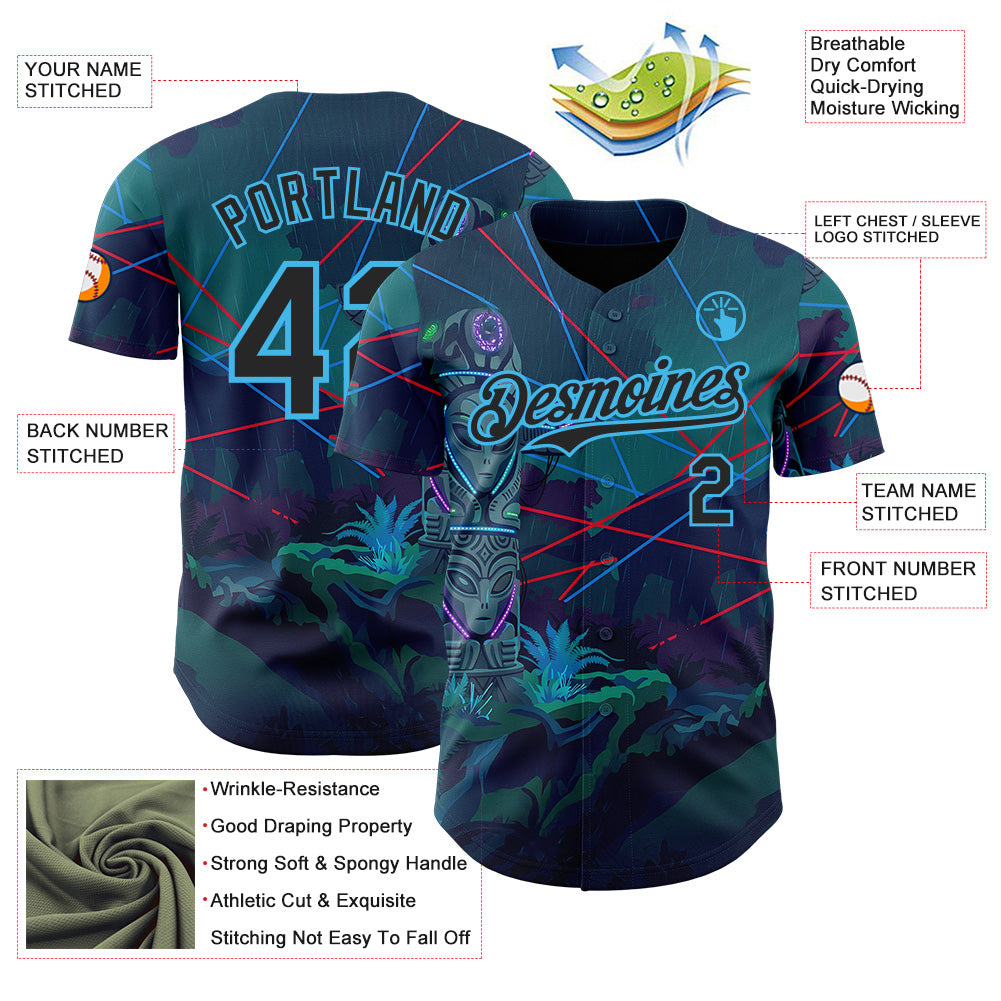 Custom Blue Black-Sky Blue Cyber Tropical Palm Trees Gothic Fantasy Authentic Baseball Jersey view 3