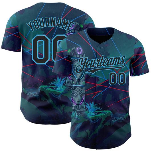 Custom Blue Black-Sky Blue Cyber Tropical Palm Trees Gothic Fantasy Authentic Baseball Jersey - Main View