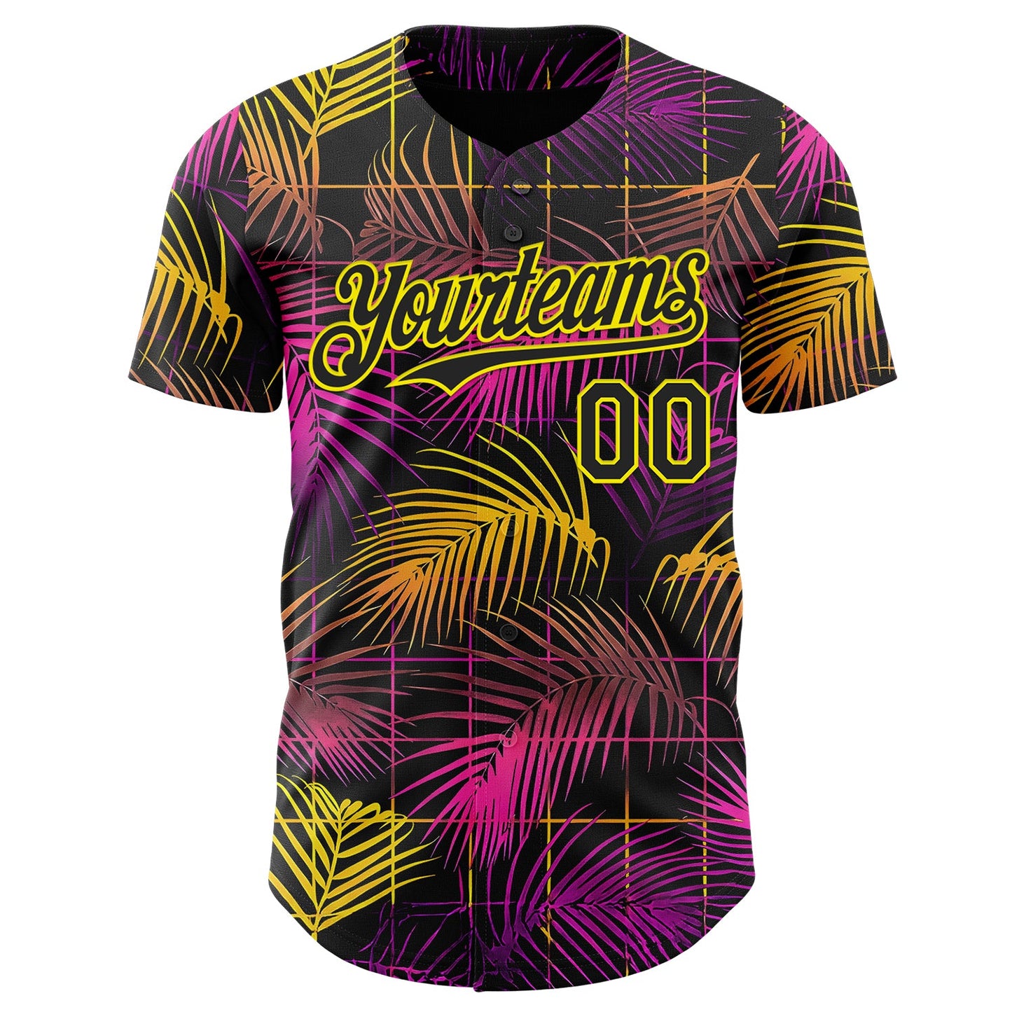 Custom Black Purple-Light Yellow Cyber Tropical Palm Trees Music Festival Authentic Baseball Jersey view 2
