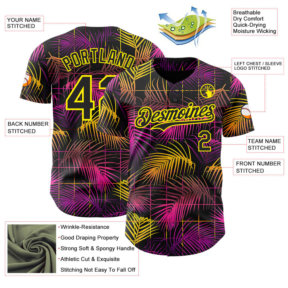 Custom Black Purple-Light Yellow Cyber Tropical Palm Trees Music Festival Authentic Baseball Jersey view 3