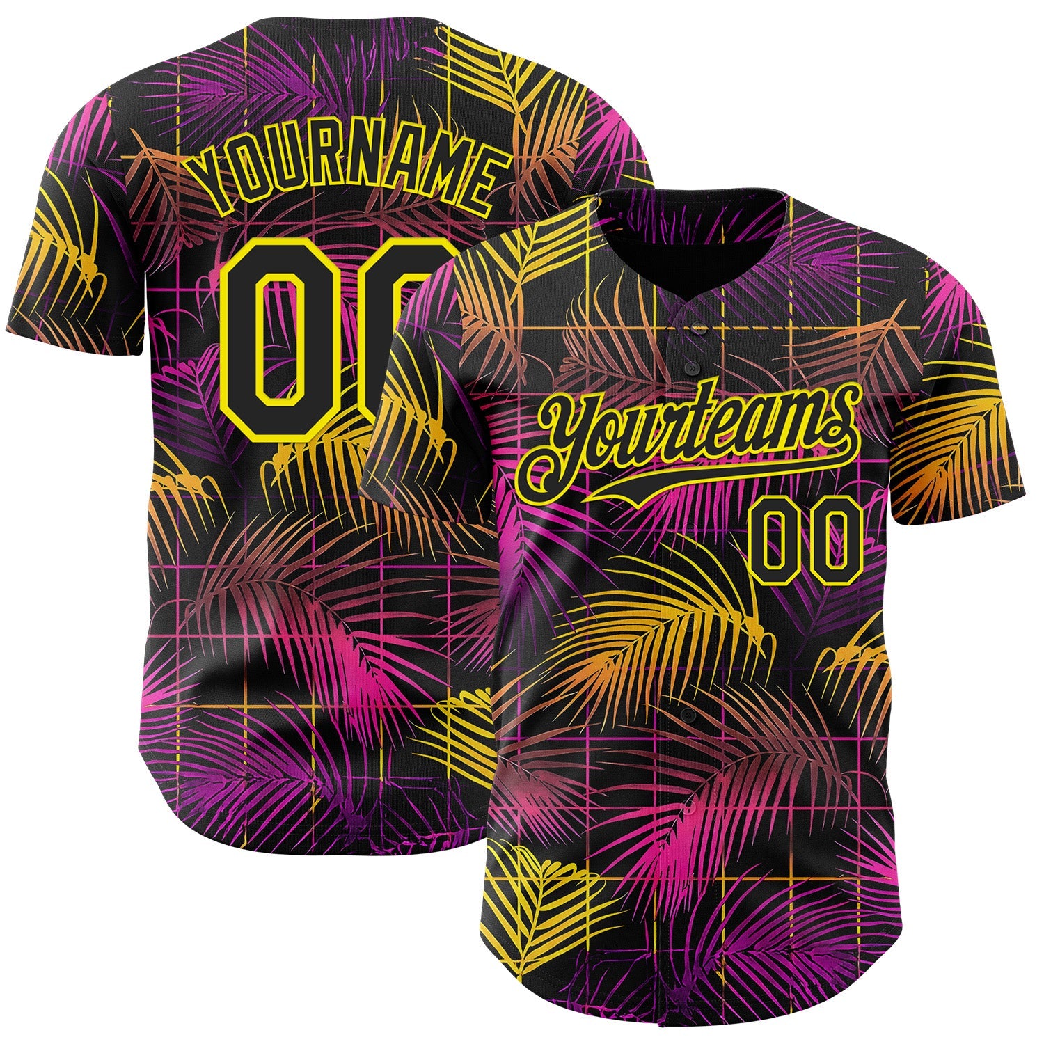 Custom Black Purple-Light Yellow Cyber Tropical Palm Trees Music Festival Authentic Baseball Jersey - Main View