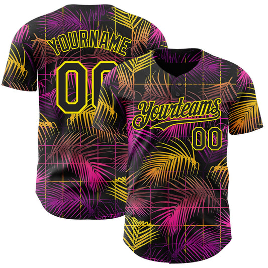 Custom Black Purple-Light Yellow Cyber Tropical Palm Trees Music Festival Authentic Baseball Jersey - Main View