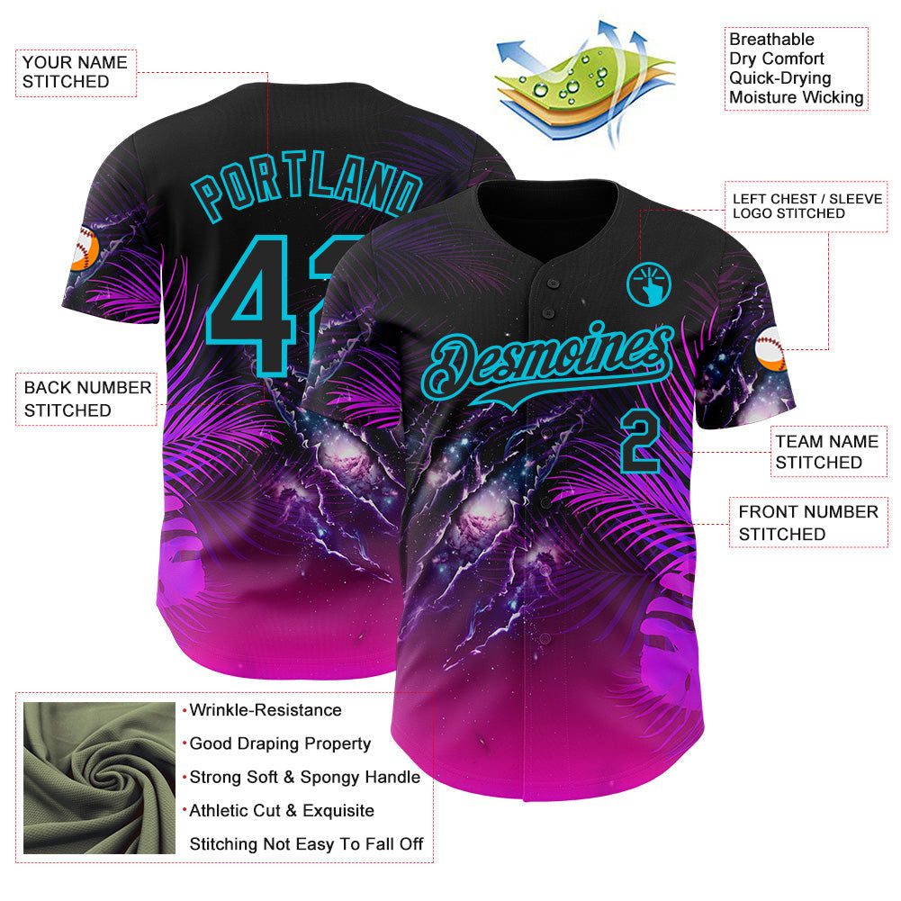 Custom Black Purple-Lakes Blue Cyber Tropical Palm Trees Gothic Fantasy Gothic Fantasy Authentic Baseball Jersey view 3