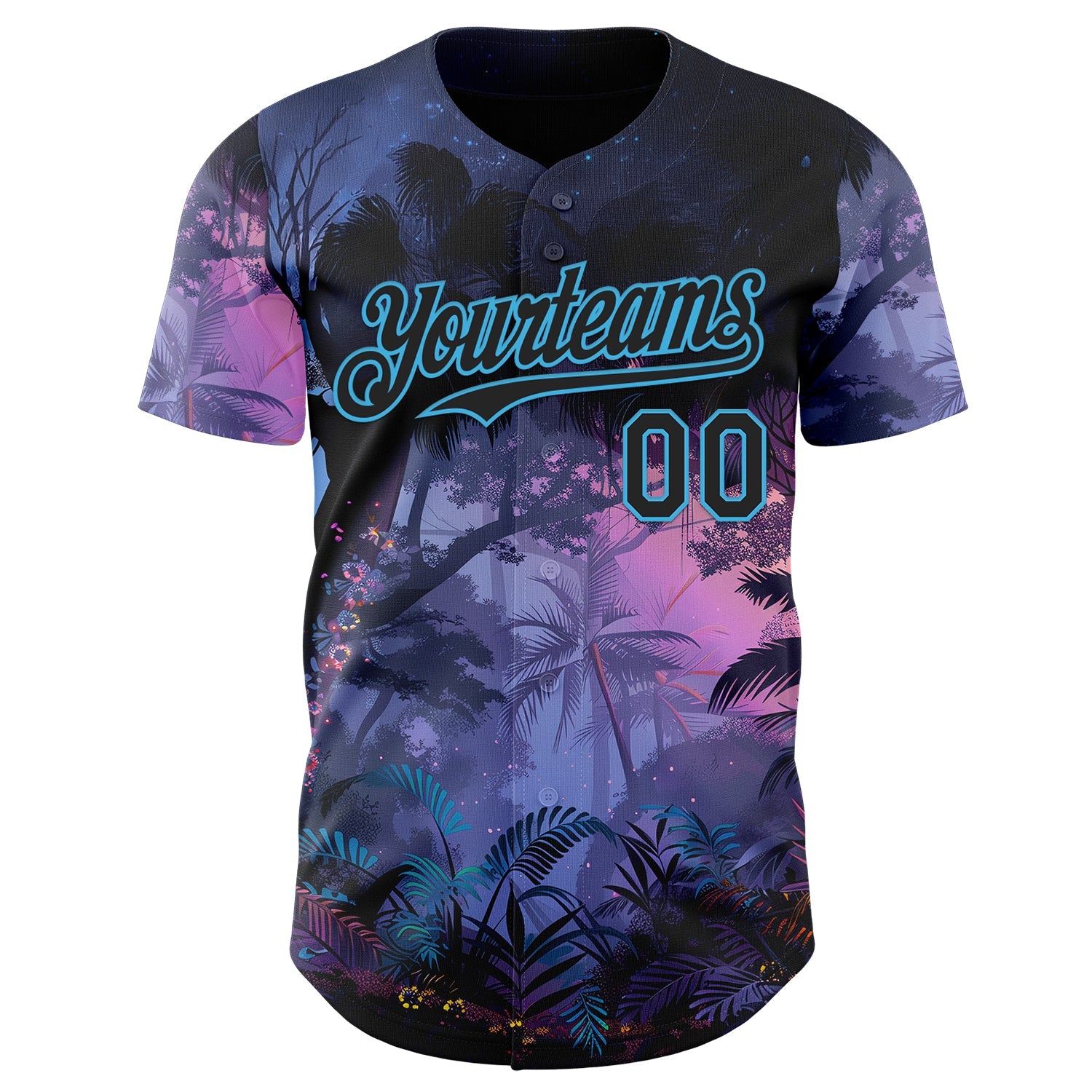 Custom Blue Black Purple-Sky Blue Cyber Tropical Palm Trees Music Festival Authentic Baseball Jersey view 2