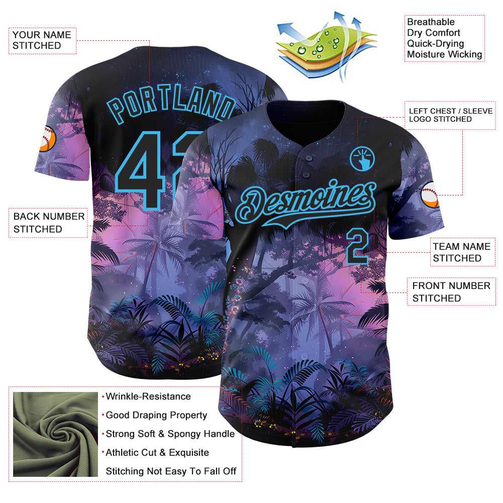 Custom Blue Black Purple-Sky Blue Cyber Tropical Palm Trees Music Festival Authentic Baseball Jersey view 3