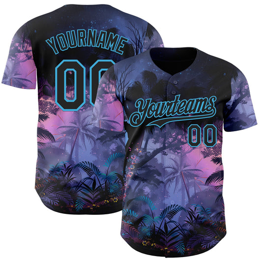 Custom Blue Black Purple-Sky Blue Cyber Tropical Palm Trees Music Festival Authentic Baseball Jersey - Main View
