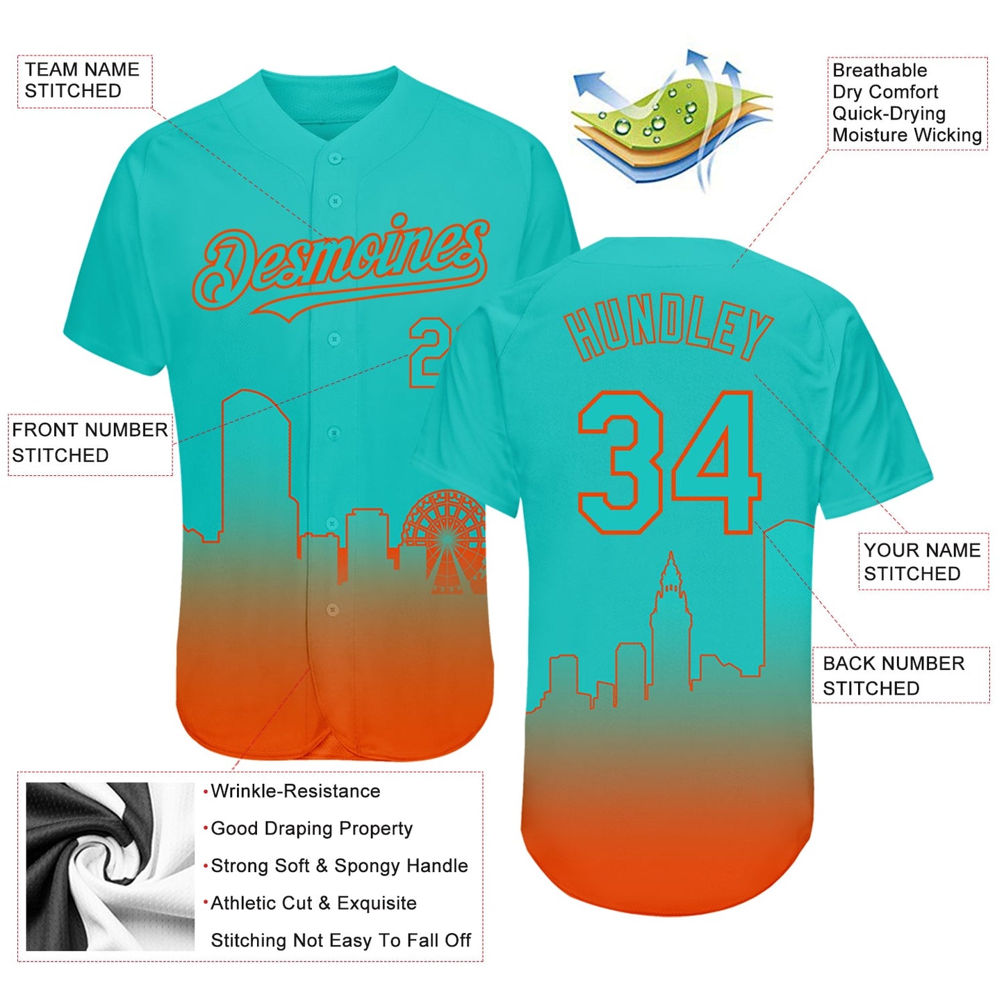 Custom Aqua Orange 3D Miami City Edition Fade Fashion Authentic Baseball Jersey view 3