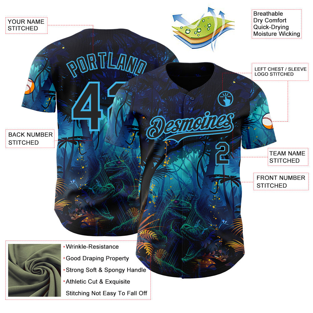 Custom Blue Black-Sky Blue Cyber Tropical Palm Trees Music Festival Gothic Fantasy Authentic Baseball Jersey view 3
