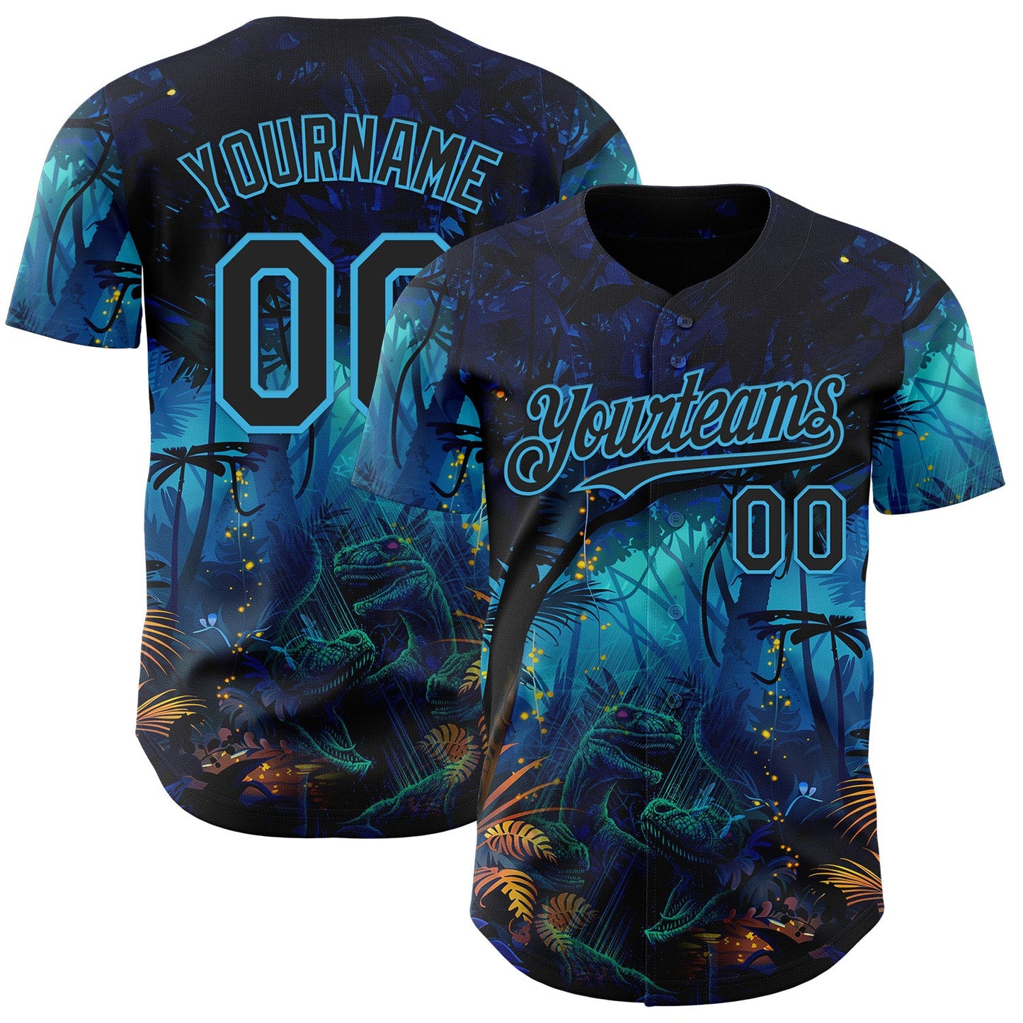 Custom Blue Black-Sky Blue Cyber Tropical Palm Trees Music Festival Gothic Fantasy Authentic Baseball Jersey - Main View