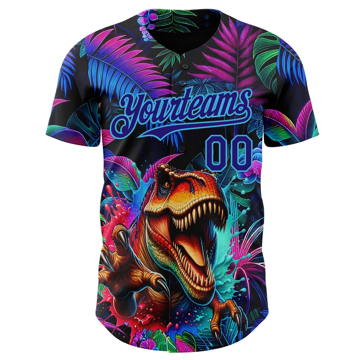 Custom Black Dark Purple-Sky Blue Cyber Tropical Palm Trees Music Festival Gothic Fantasy Authentic Baseball Jersey view 2