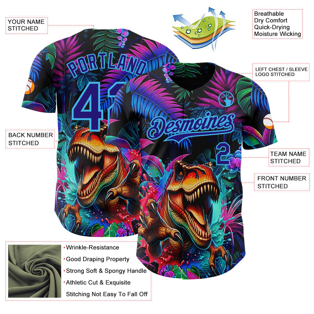 Custom Black Dark Purple-Sky Blue Cyber Tropical Palm Trees Music Festival Gothic Fantasy Authentic Baseball Jersey view 3