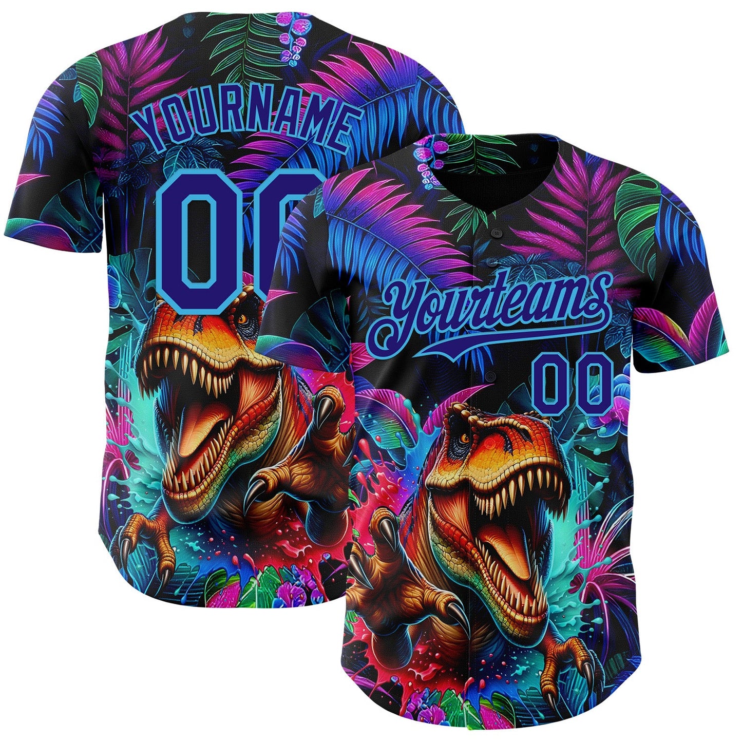 Custom Black Dark Purple-Sky Blue Cyber Tropical Palm Trees Music Festival Gothic Fantasy Authentic Baseball Jersey - Main View