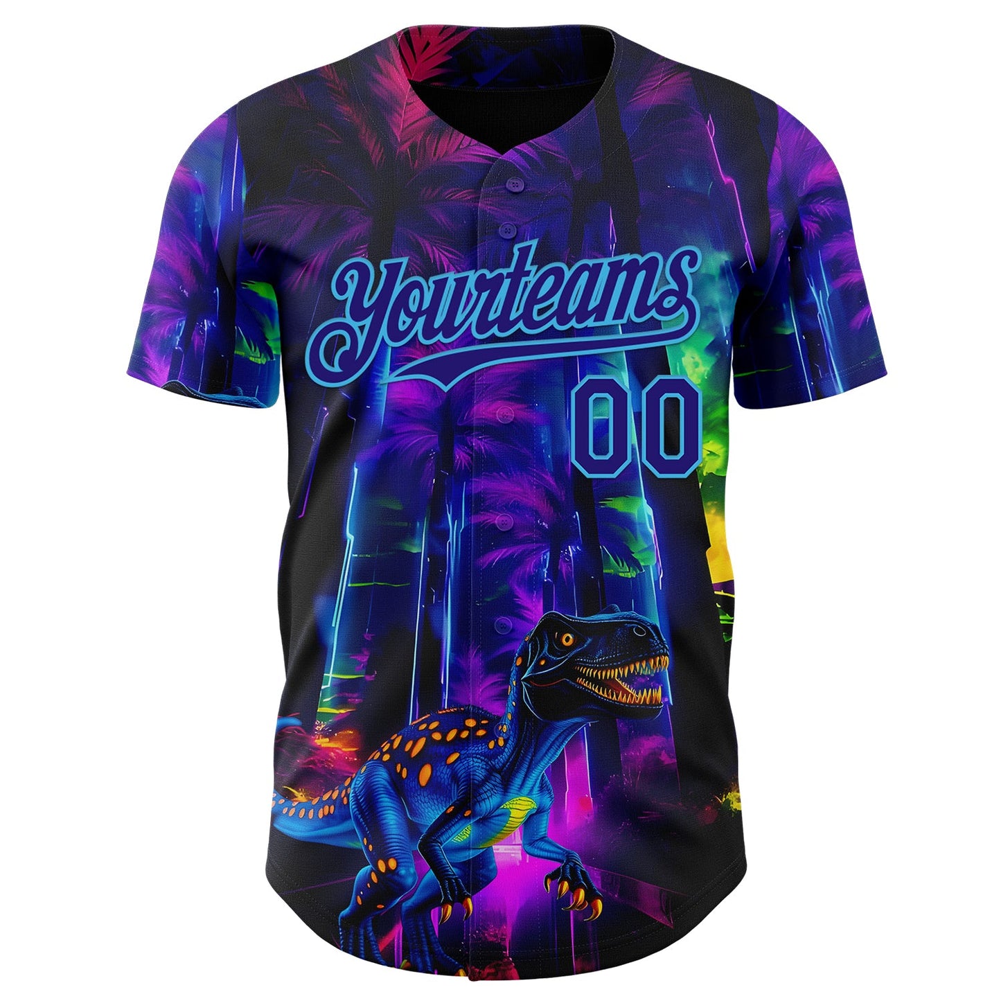 Custom Black Dark Purple Purple-Sky Blue Cyber Tropical Palm Trees Music Festival Gothic Fantasy Authentic Baseball Jersey view 2