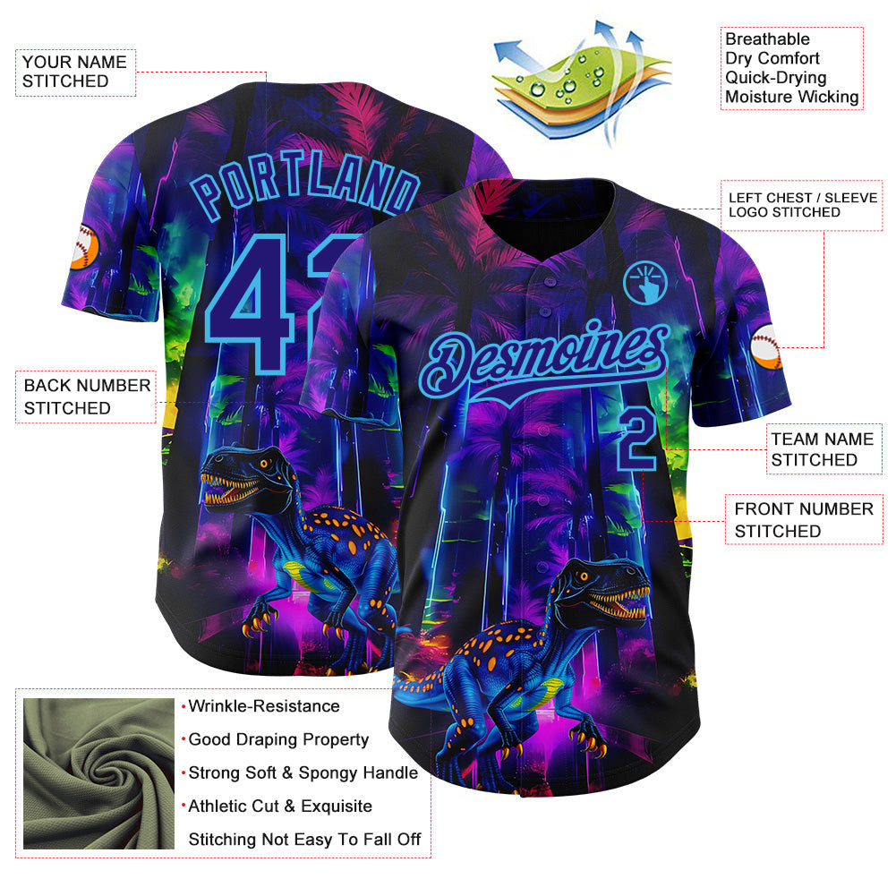 Custom Black Dark Purple Purple-Sky Blue Cyber Tropical Palm Trees Music Festival Gothic Fantasy Authentic Baseball Jersey view 3