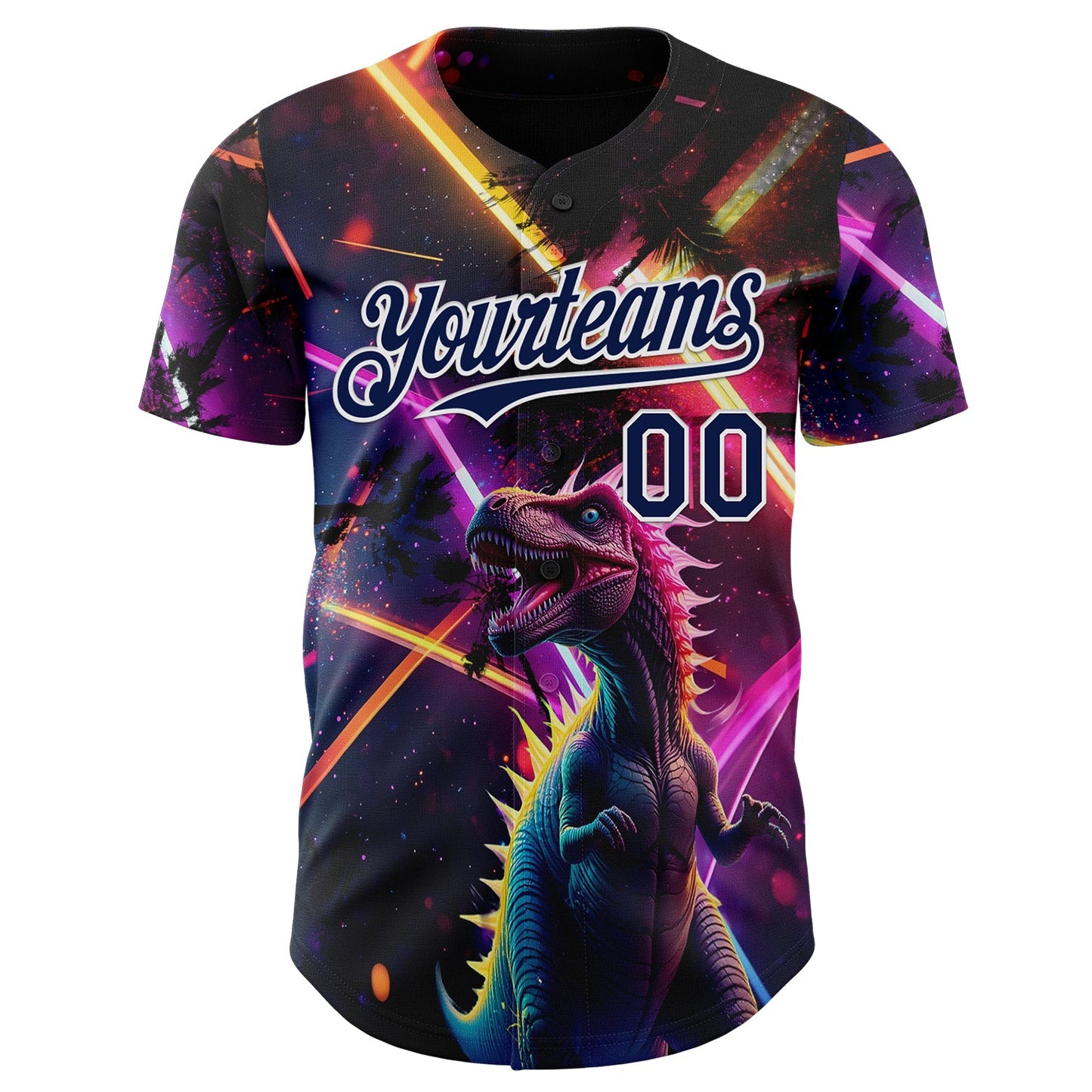 Custom Black Navy Purple-White Cyber Tropical Palm Trees Music Festival Gothic Fantasy Authentic Baseball Jersey view 2