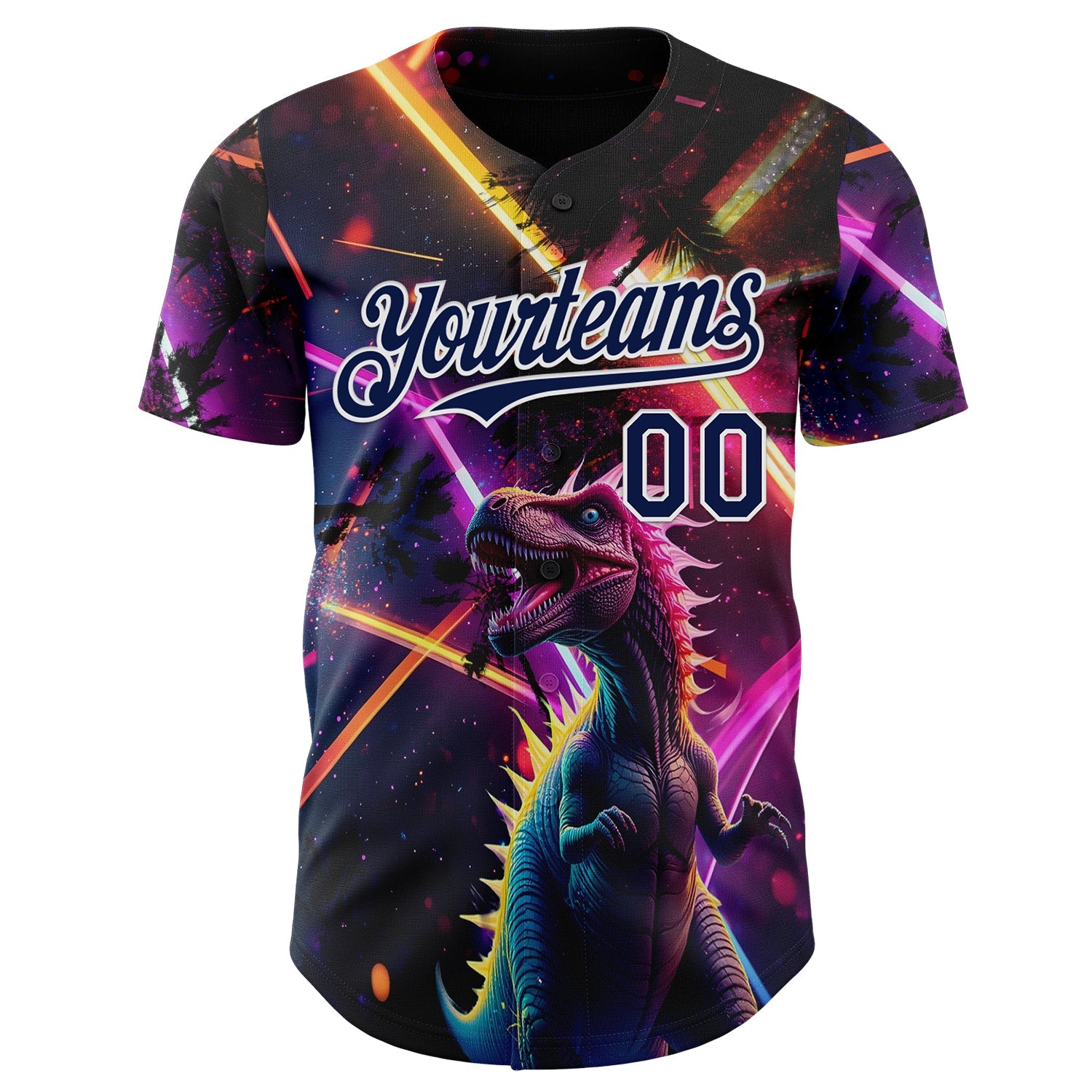 Custom Black Navy Purple-White Cyber Tropical Palm Trees Music Festival Gothic Fantasy Authentic Baseball Jersey view 2