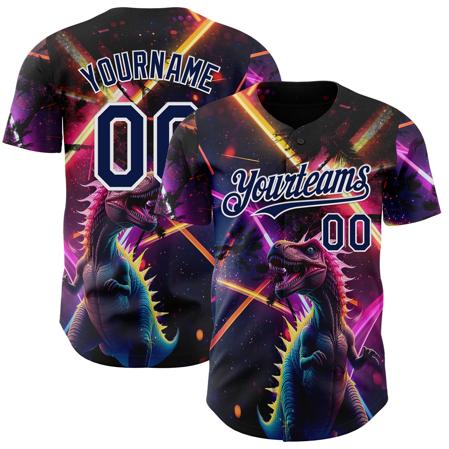 Custom Black Navy Purple-White Cyber Tropical Palm Trees Music Festival Gothic Fantasy Authentic Baseball Jersey - Main View