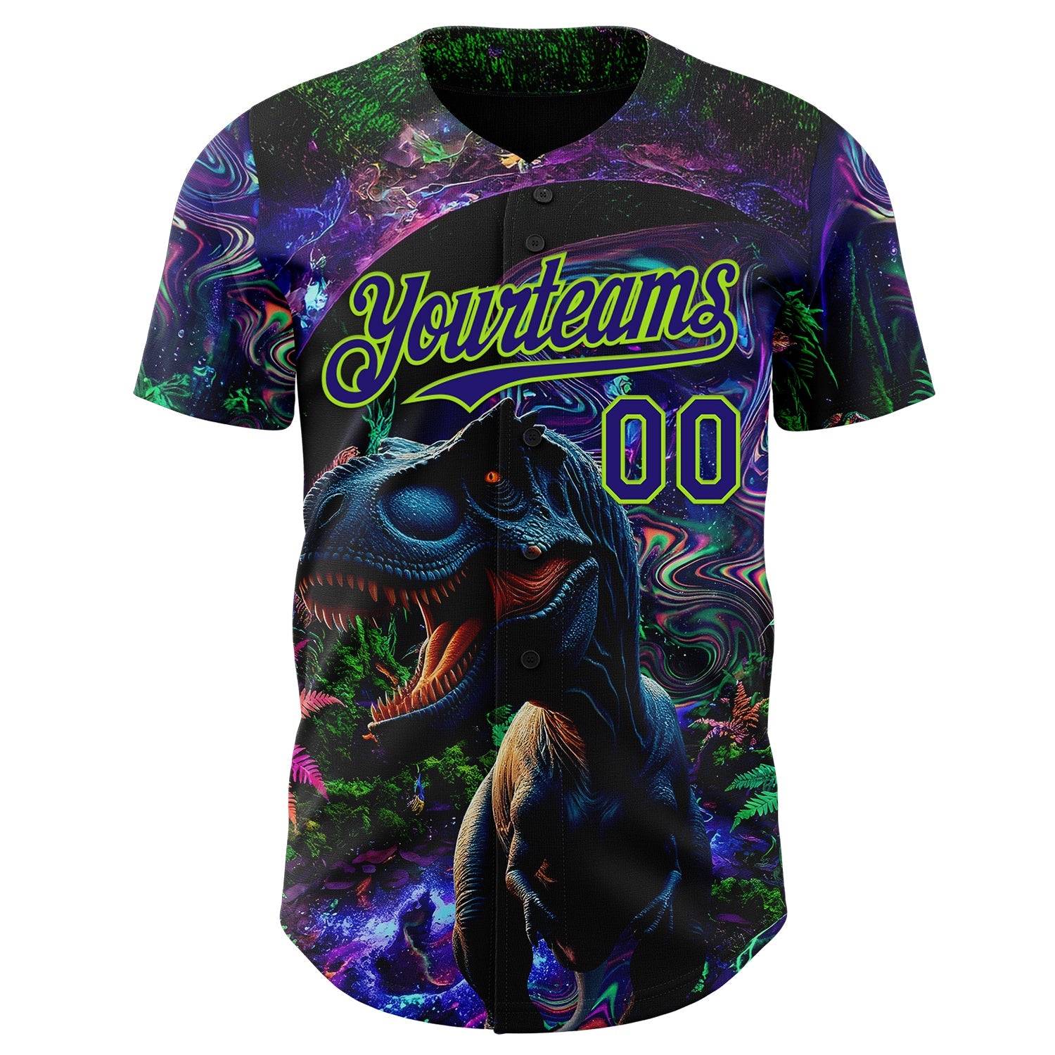 Custom Black Dark Purple-Neon Green Cyber Tropical Palm Trees Music Festival Gothic Fantasy Authentic Baseball Jersey view 2