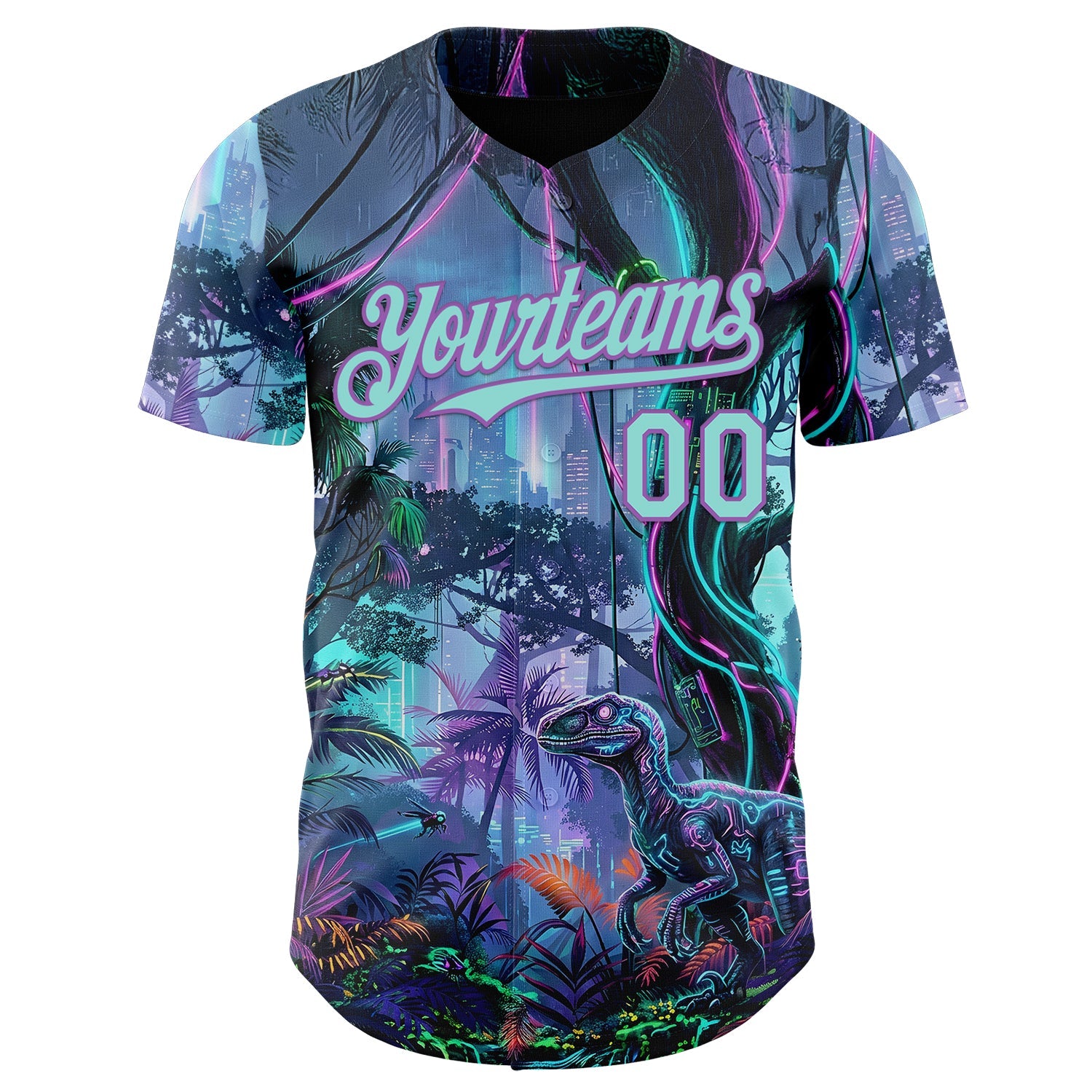 Custom Black Ice Blue-Medium Purple Cyber Tropical Palm Trees Music Festival Gothic Fantasy Authentic Baseball Jersey view 2