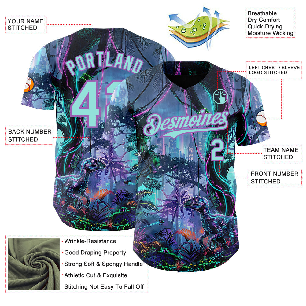 Custom Black Ice Blue-Medium Purple Cyber Tropical Palm Trees Music Festival Gothic Fantasy Authentic Baseball Jersey view 3