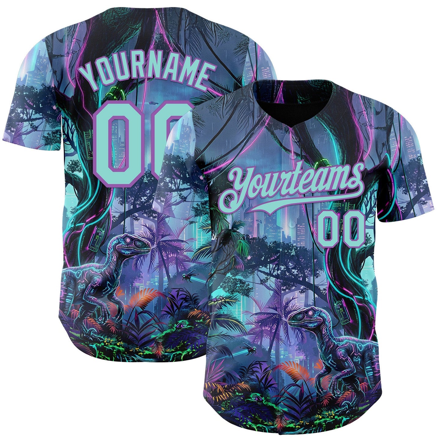 Custom Black Ice Blue-Medium Purple Cyber Tropical Palm Trees Music Festival Gothic Fantasy Authentic Baseball Jersey - Main View
