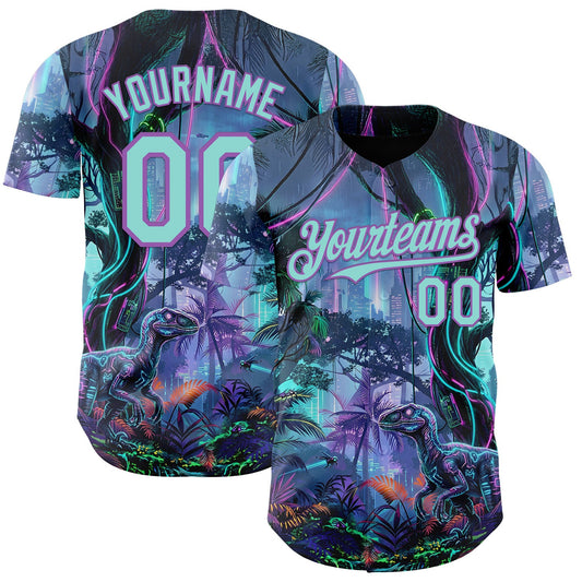 Custom Black Ice Blue-Medium Purple Cyber Tropical Palm Trees Music Festival Gothic Fantasy Authentic Baseball Jersey - Main View