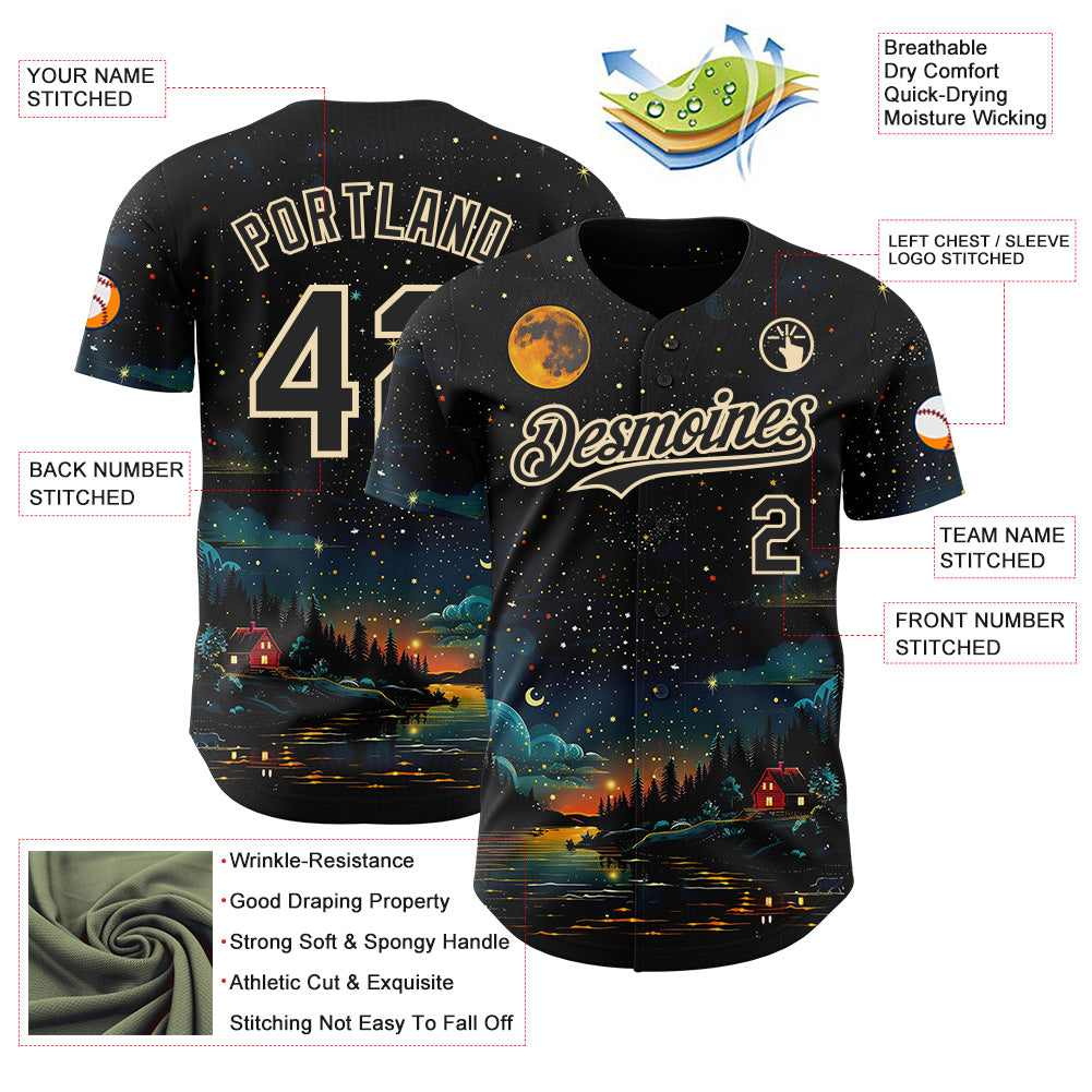 Custom Black-Cream Galaxy Star Authentic Baseball Jersey view 3
