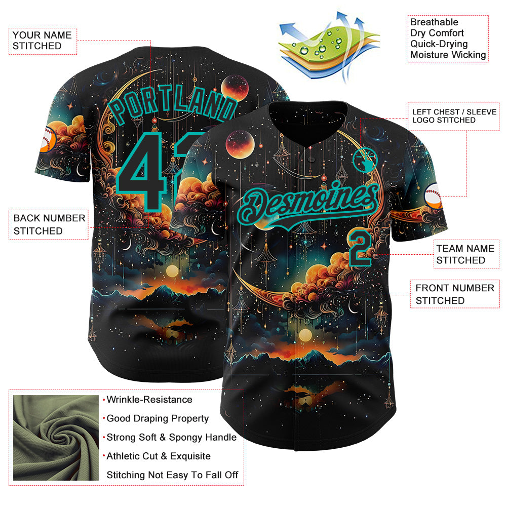 Custom Black-Aqua Galaxy Star Nebula Authentic Baseball Jersey view 3