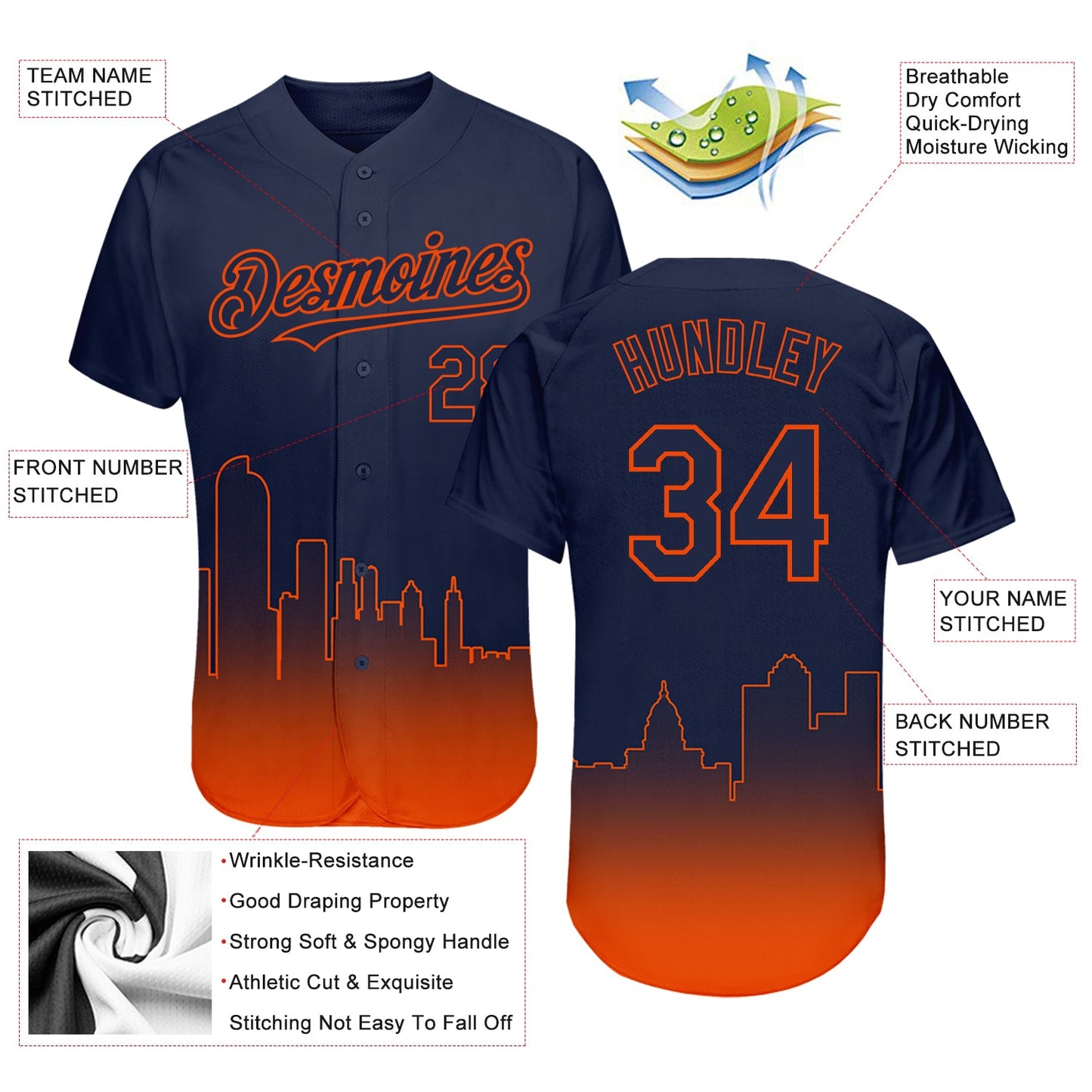 Custom Navy Orange 3D Denver City Edition Fade Fashion Authentic Baseball Jersey view 3