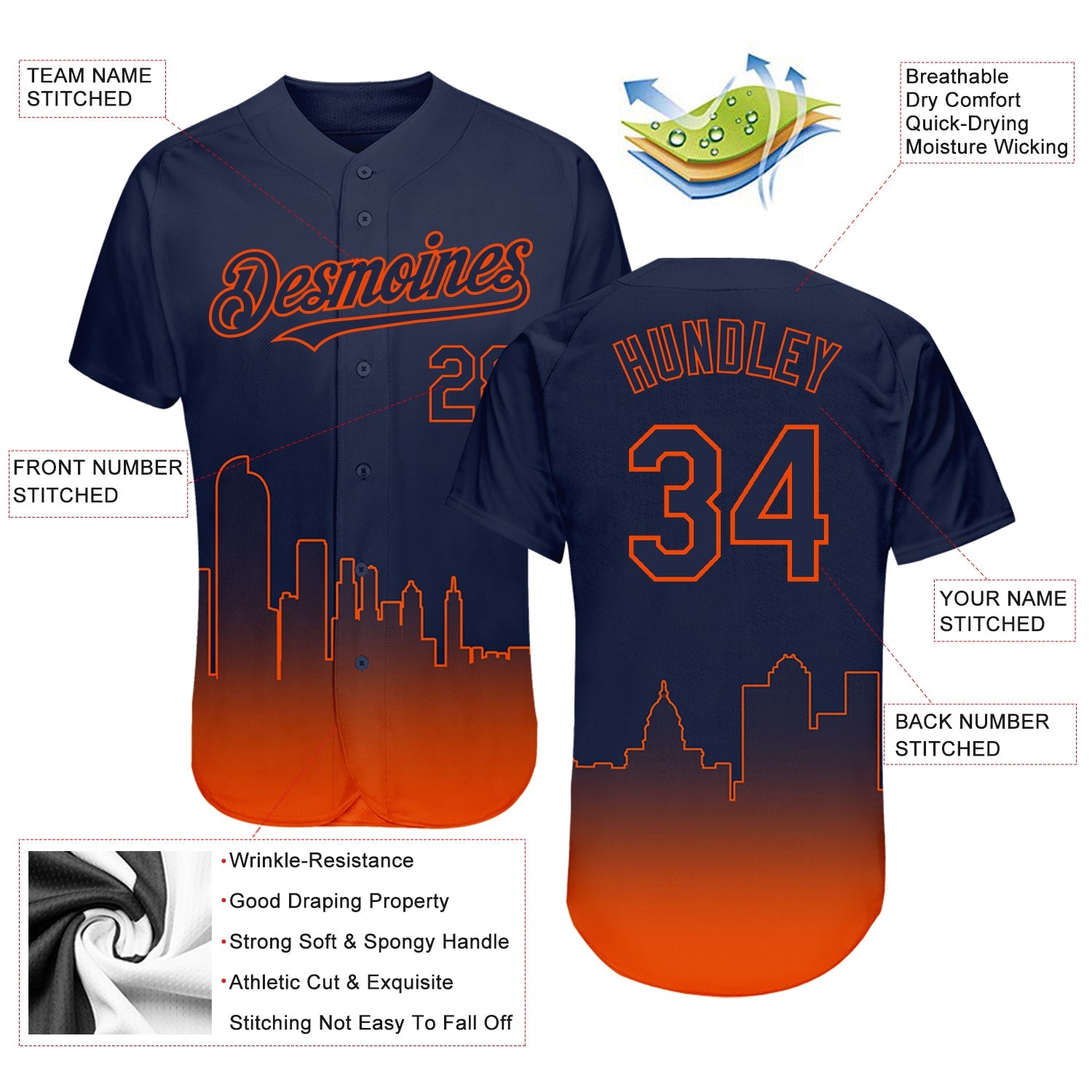 Custom Navy Orange 3D Denver City Edition Fade Fashion Authentic Baseball Jersey view 3
