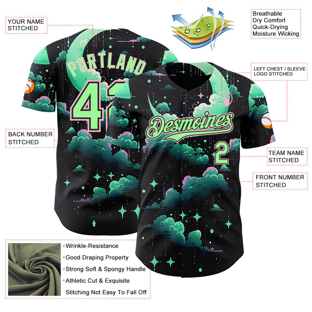 Custom Black Pea Green-Light Pink Galaxy Star Nebula Authentic Baseball Jersey view 3