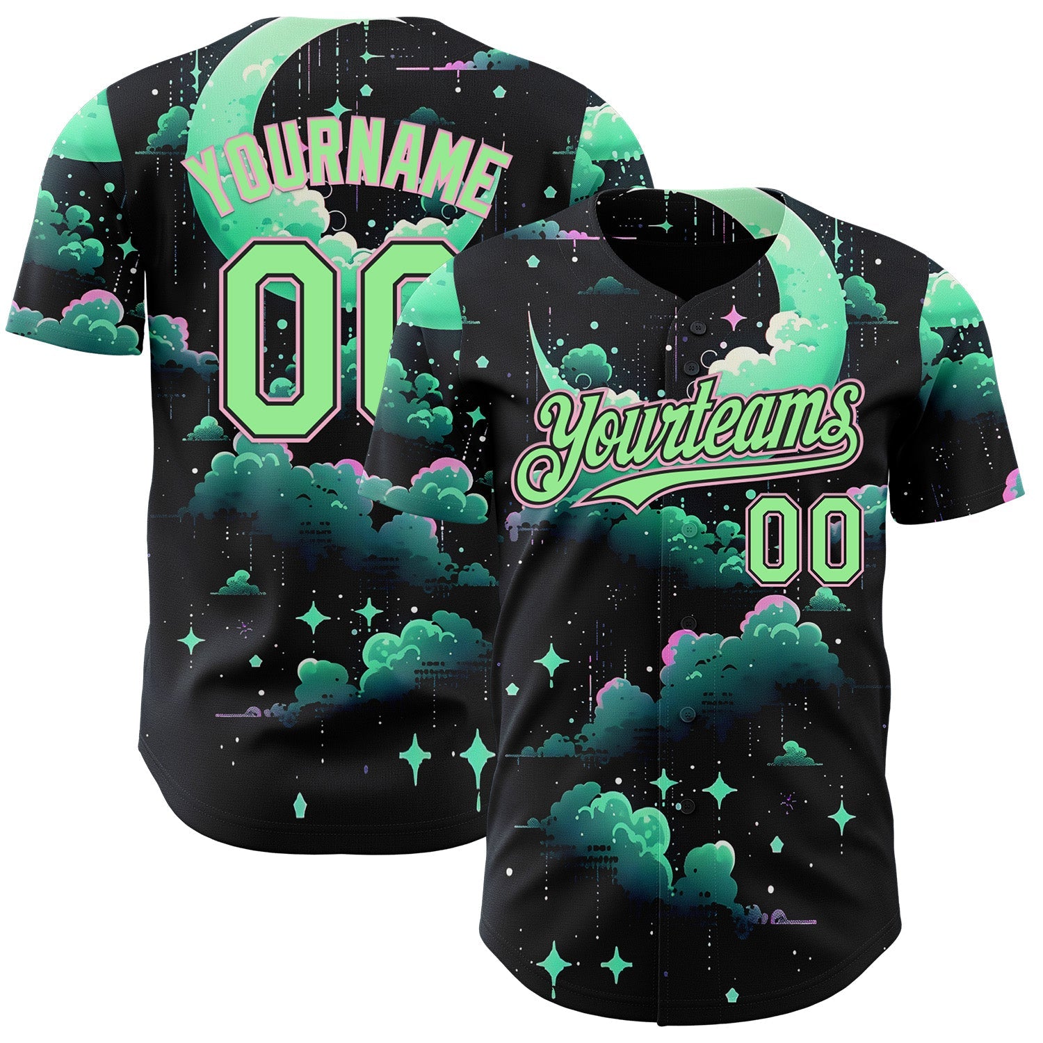 Custom Black Pea Green-Light Pink Galaxy Star Nebula Authentic Baseball Jersey - Main View