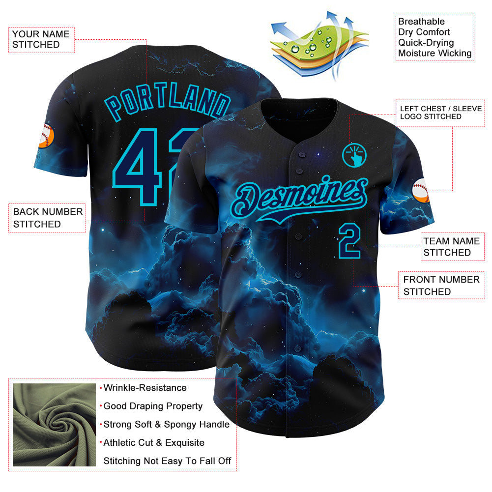 Custom Black Navy-Lakes Blue Galaxy Star Nebula Authentic Baseball Jersey view 3