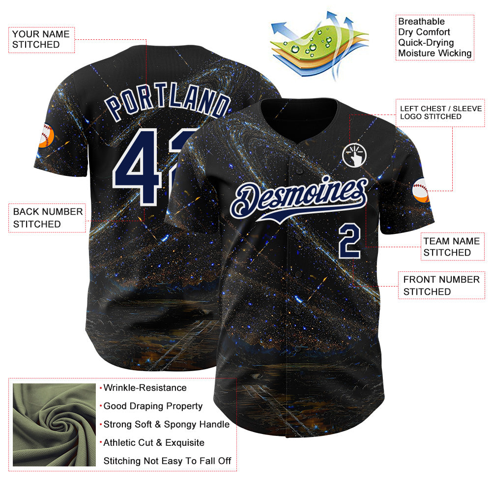 Custom Black Navy-White Galaxy Star Authentic Baseball Jersey view 3
