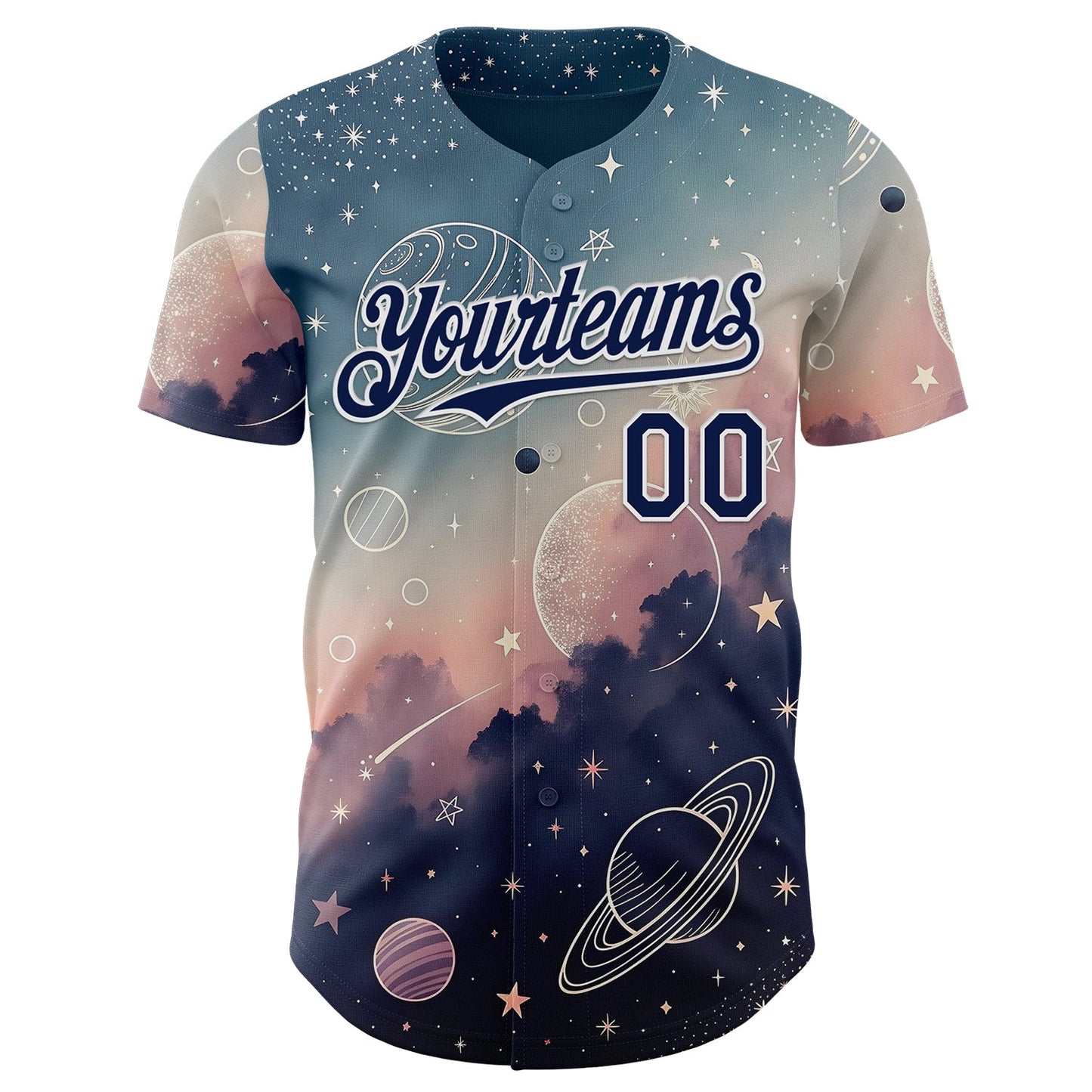 Custom Blue Navy Light Pink-White Galaxy Star Nebula Authentic Baseball Jersey view 2