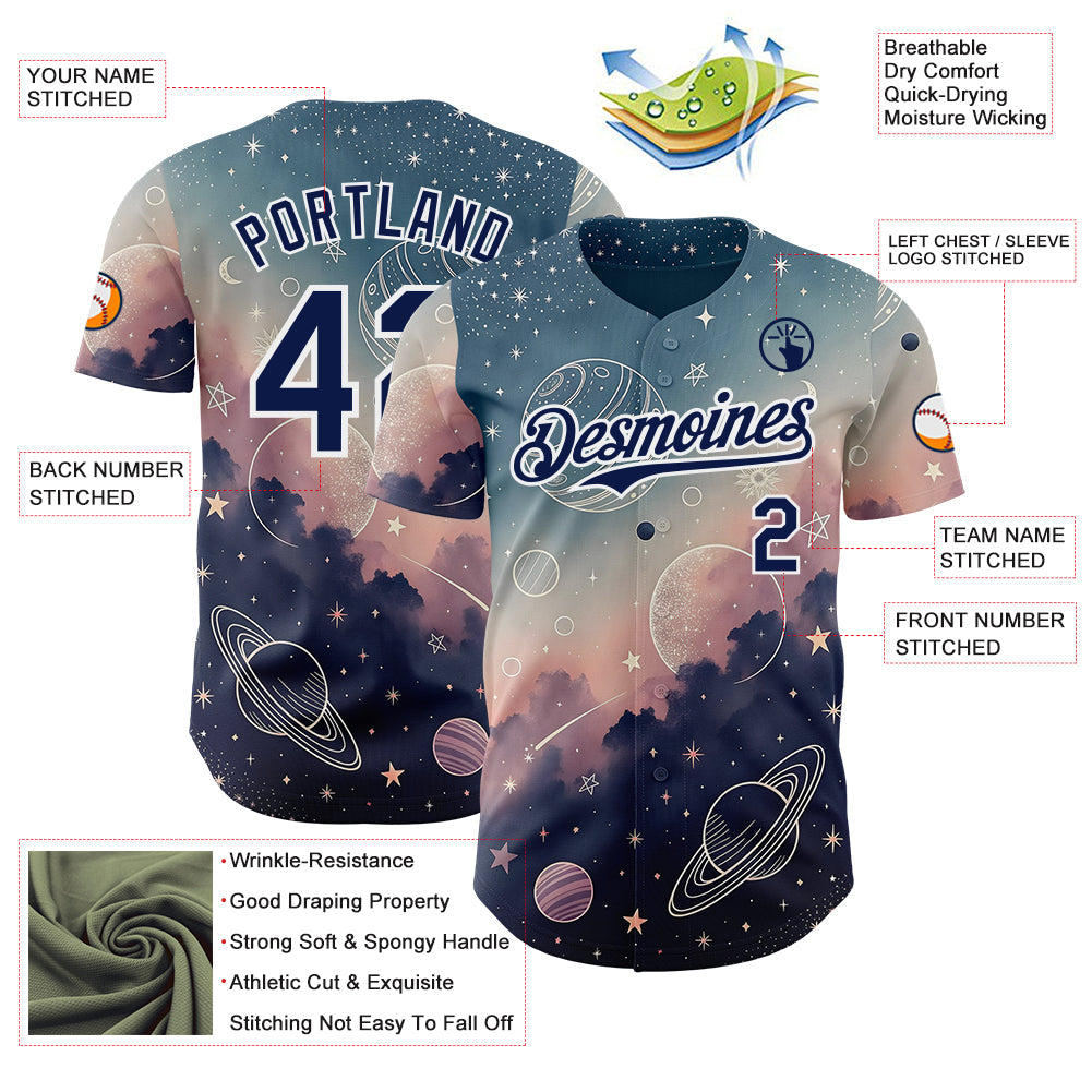 Custom Blue Navy Light Pink-White Galaxy Star Nebula Authentic Baseball Jersey view 3