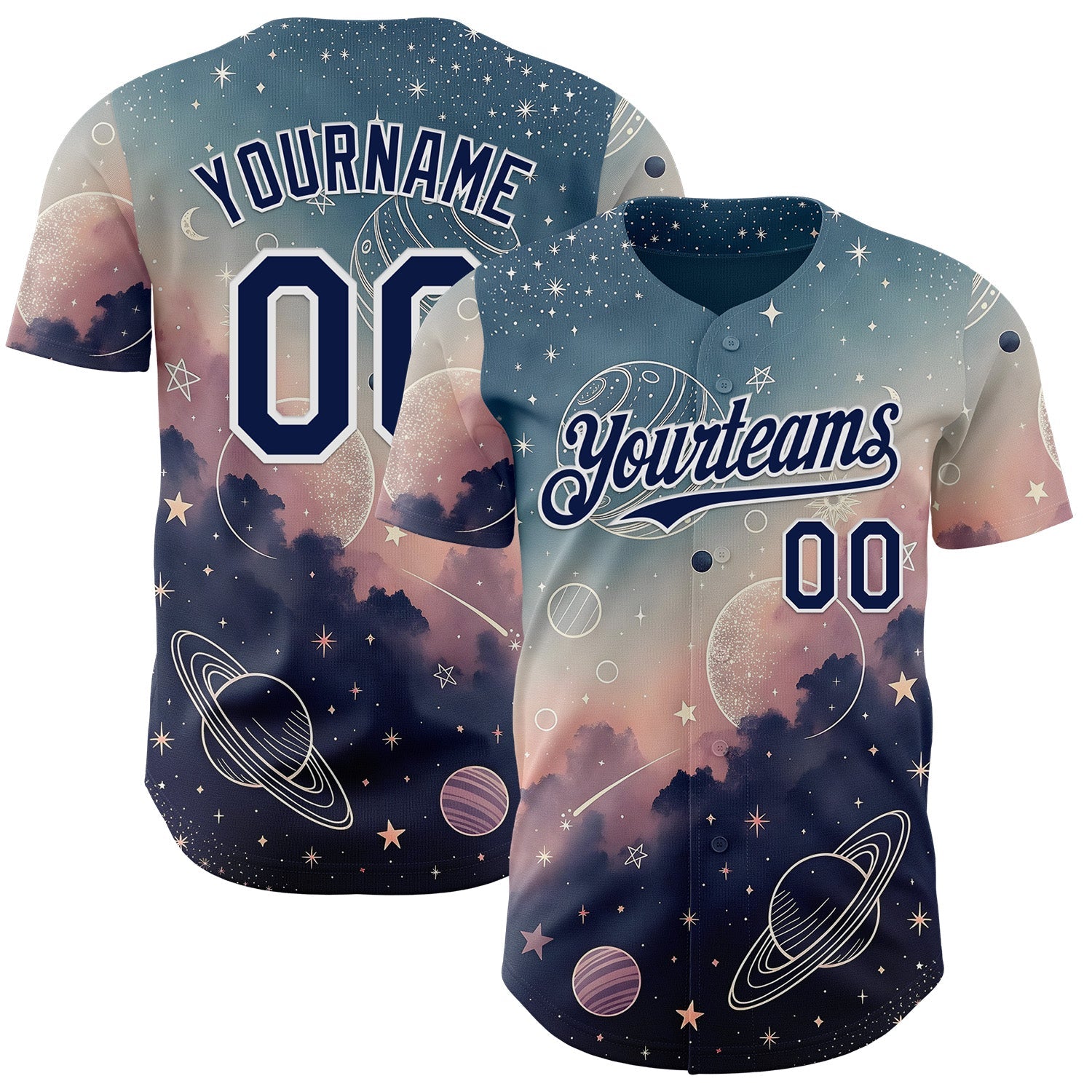 Custom Blue Navy Light Pink-White Galaxy Star Nebula Authentic Baseball Jersey - Main View