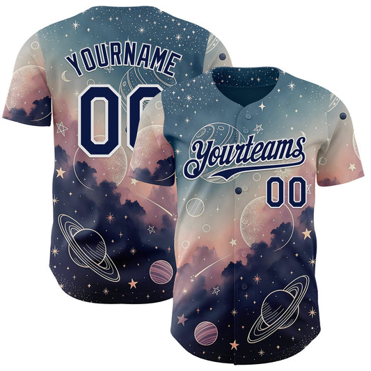 Custom Blue Navy Light Pink-White Galaxy Star Nebula Authentic Baseball Jersey - Main View